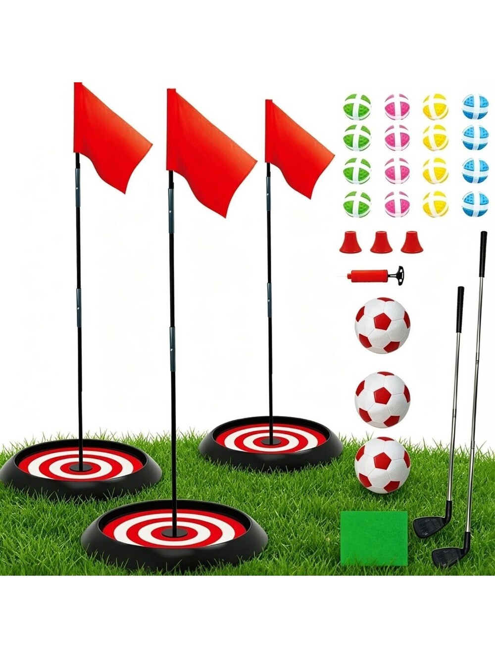 2-in-1 Kids Mini Golf & Soccer Goal Game Set – 3 Goals, 3 Balls & 2 Clubs